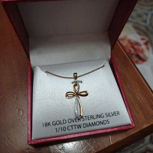 18K Gold over Sterling Silver Cross Pendant Necklace with 1/10 CTTW Diamonds
